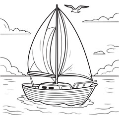 Coloring page of a sailboat on calm waters, ideal for travel, adventure, and nautical themes.