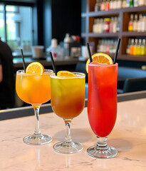 Three colorful cocktails garnished with fresh citrus sit on a bar surface, Generative AI