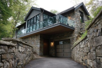 Glass balcony above garage and stone retaining wall 