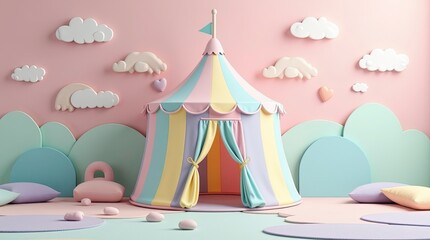 Fototapeta premium Kids pastel playroom with tent and decor creates a vibrant backdrop in different colors