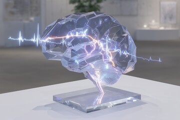 "Transparent glass brain sculpture filled with flowing colored liquid pathways, glowing blue backlight emphasizing neural connections, abstract EEG signal patterns projected diffusely"
