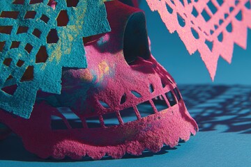 "Close-up view of traditional sugar skull mold dusted in hibiscus, dramatic neon pink lighting casting angular shadows with soft cyan Mexican paper cutout designs"
