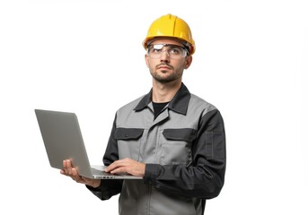 Construction worker in hard hat and safety glasses using a laptop against a white background