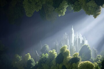 "Bioactive hanging moss installation with self-watering system, golden light refracting through irrigation mist with softly focused cityscape in distance"
