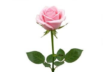 Single pink rose with a long stem and green leaves isolated on a white background