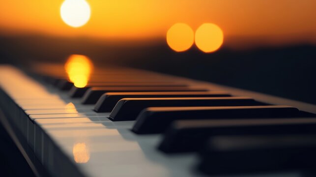 A piano keyboard with a warm sunset in the background. - Powered by Adobe
