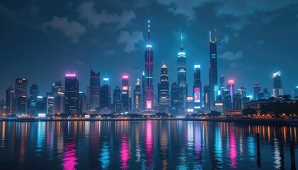 Obraz premium Neon Skyline Reflections: A Night in Shanghai