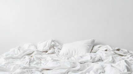 A white bed with a pillow and rumpled sheets.