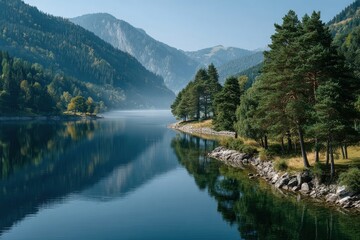 Fototapeta premium Captivating lake view surrounded by mountains and lush greenery in a serene location showcasing nature's beauty in the early morning