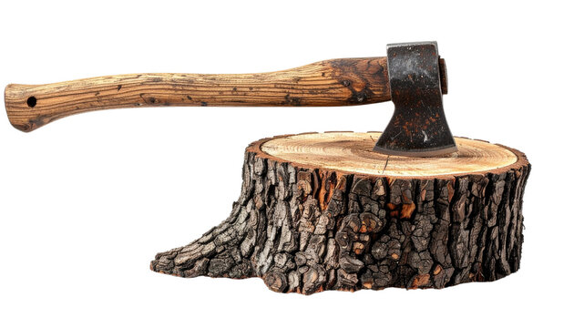 A rugged tree stump with an axe lodged in its center, symbolizing traditional craftsmanship and the raw connection to nature, isolated on a solid white background Png