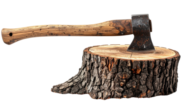 A rugged tree stump with an axe lodged in its center, symbolizing traditional craftsmanship and the raw connection to nature, isolated on a solid white background Png