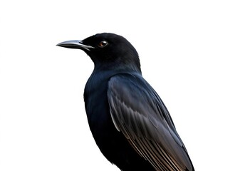 Obraz premium Sleek blackbird profile, perched, against pure white background, wild bird, silhouette