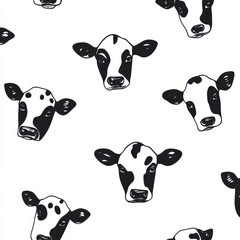 Seamless pattern of black and white cow heads in repeat on white background in vector illustration style