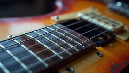 Fototapeta premium Close-up of worn blues guitar neck, frets, and strings , blues guitar, metal, blues