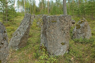 Rocks arranged in forest as tank barrier during Second World War, Salpa-line museum, Miehikkälä, Finland. 
