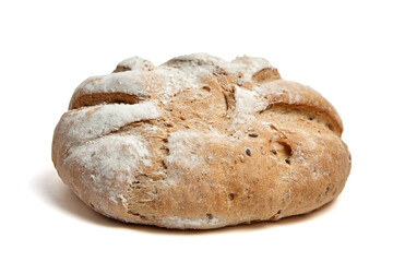 Freshly baked rustic wholegrain bread loaf with a golden-brown crust, deep scoring, and a light flour dusting. Traditional handcrafted texture, isolated on white background