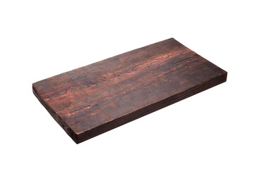 Rustic rectangular wooden chopping board with rich dark finish and natural grain, isolated on white for culinary or kitchen design use