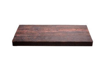 Thick, rectangular dark wooden chopping board with visible grain texture and charred finish, photographed isolated against a white background