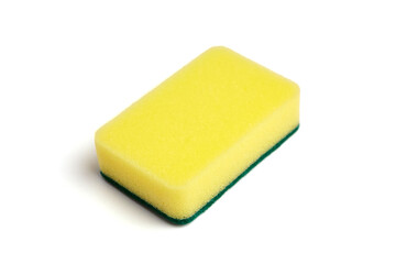 Rectangular yellow kitchen sponge featuring a green scouring pad on the bottom, placed on a white background, suitable for everyday dish cleaning tasks