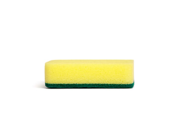 Side view of a rectangular yellow kitchen sponge with a green abrasive scouring pad, isolated on white background for cleaning product presentations