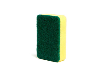 Upright yellow kitchen sponge with green scouring surface, isolated on white background, ideal for dishwashing, scrubbing, and household cleaning