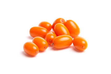 A small cluster of bright orange sea buckthorn berries with a smooth, glossy texture, isolated on a white background. Rich in antioxidants and widely used in health foods