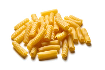 Pile of uncooked tortiglioni pasta featuring short, ridged tubes in golden yellow, scattered on a white background for culinary or packaging use