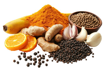 Colorful bounty Turmeric ginger garlic and more spices  produce