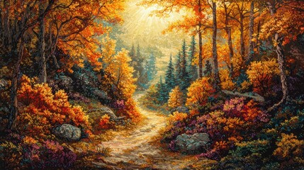 Serene autumn forest with colorful foliage.