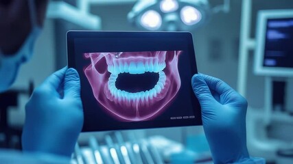 Dentist gloved hands holding digital dental x-ray on tablet animation video. Teeth and jaw structure rotating animated footage clip seamless HD motion graphics. Xray dentistry concept