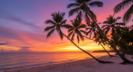 Fototapeta premium Tropical Paradise Sunset: A breathtaking view of a tropical beach at sunset, with silhouetted palm trees, offering a sense of serenity, relaxation, and the beauty of nature.
