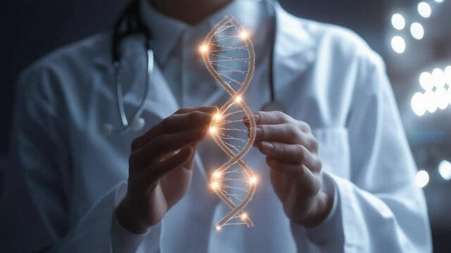 Doctor hands presenting illuminated DNA strand hologram animation video. Biotechnology clinical research animated footage clip seamless HD motion graphics. Advanced genetics concept - Powered by Adobe