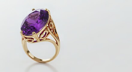 Elegant gold ring with a large oval-cut purple gemstone, a luxurious piece of jewelry on a pristine white background with intricate details.