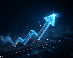 Blue up arrow business icon growth graph concept on 3d abstract background with illustration increase chart graphic sign. Success finance stock profit market progress digital technology presentation