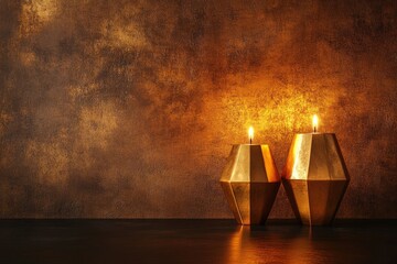 Two lit golden geometric candles on a dark brown background create a warm, elegant ambiance.