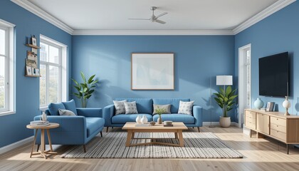 Fototapeta premium Serene Blue Living Room Interior Design