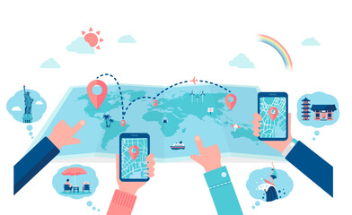 Naklejka premium Vector illustration of a large world map and tourists