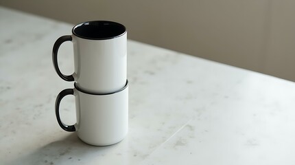 Two simple white ceramic teacups are stacked neatly on a table under a bright light, casting a shadow, representing a pause or morning routine or breakfast setting.