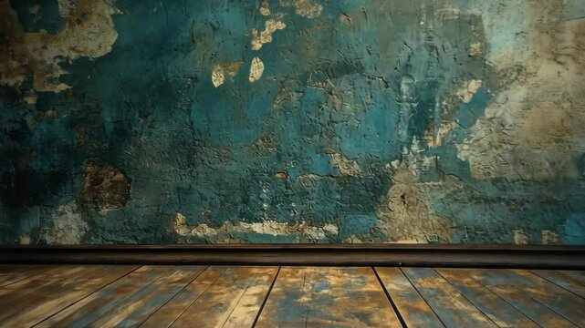 Rustic room interior with aged teal wall, worn wooden floor, and baseboard