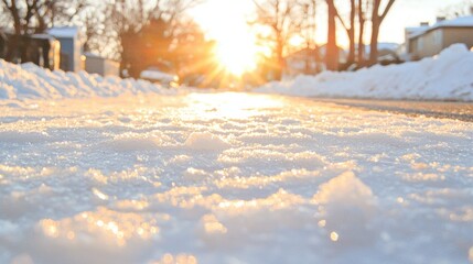 A winter scene with a sunlit street and houses.