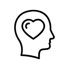 Minimalist black outline vector icon of a human head with a heart inside. A clean design symbolizing love, mental health, and emotional well-being, centered for awareness and care.