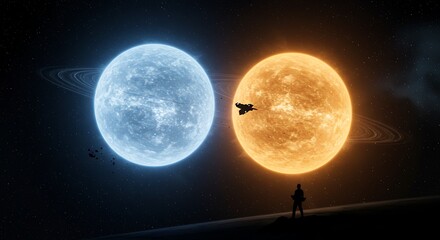 Sci-fi Scene with Two Planets, Ship and Person