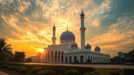 Obraz premium Malaysia Mosque. Sunset light framing Kuala Lumpur landmark symbol with Islamic architectural beauty