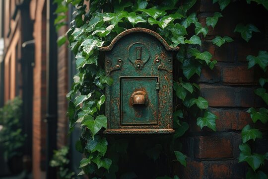 Rustic green metal mailbox covered in ivy, mounted on a brick wall in an alleyway.