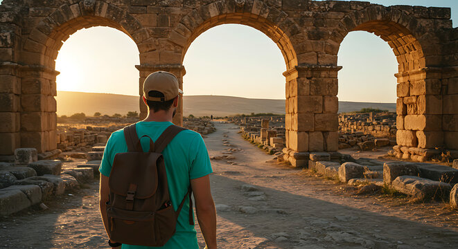 Traveler at Sunset Ruins: A lone traveler with a backpack contemplates the ancient ruins of Volubilis, Morocco, as the setting sun casts long shadows across the historic site.