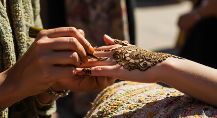 Artistic Mehndi Hand Painting: A close-up image captures the intricate beauty of a henna tattoo being delicately applied, revealing cultural artistry.