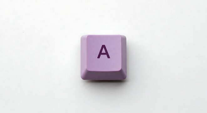 Close-up of a single purple 'A' key from a computer keyboard