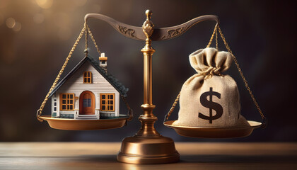Obraz premium A house miniature on a basic balance scale with dollar money bag, mortgage financial concept