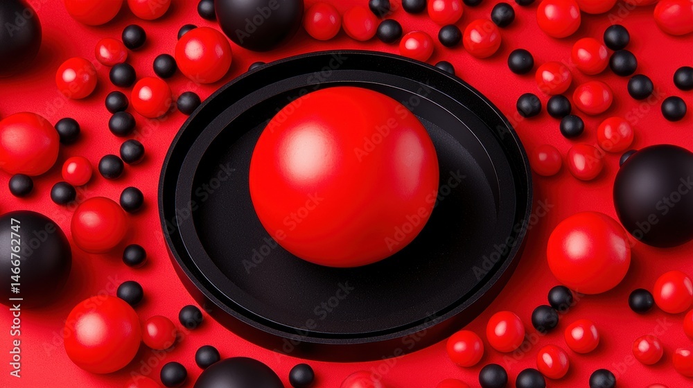 Fototapete a 3d rendering of a black and red sphere with a smaller sphere inside, surrounded by smaller spheres