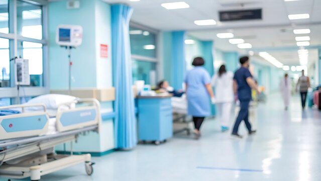 Healthcare action scene in hospital with blurred background of medical staff and environment